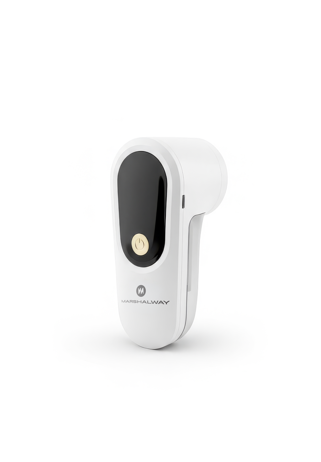A white Marshmawley handheld device with a black oval window and a gold power button, shown on a clean white background.