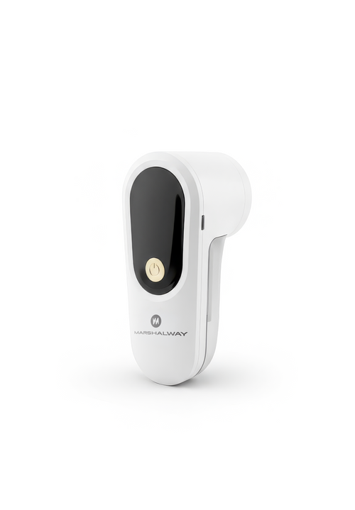 A white Marshmawley handheld device with a black oval window and a gold power button, shown on a clean white background.
